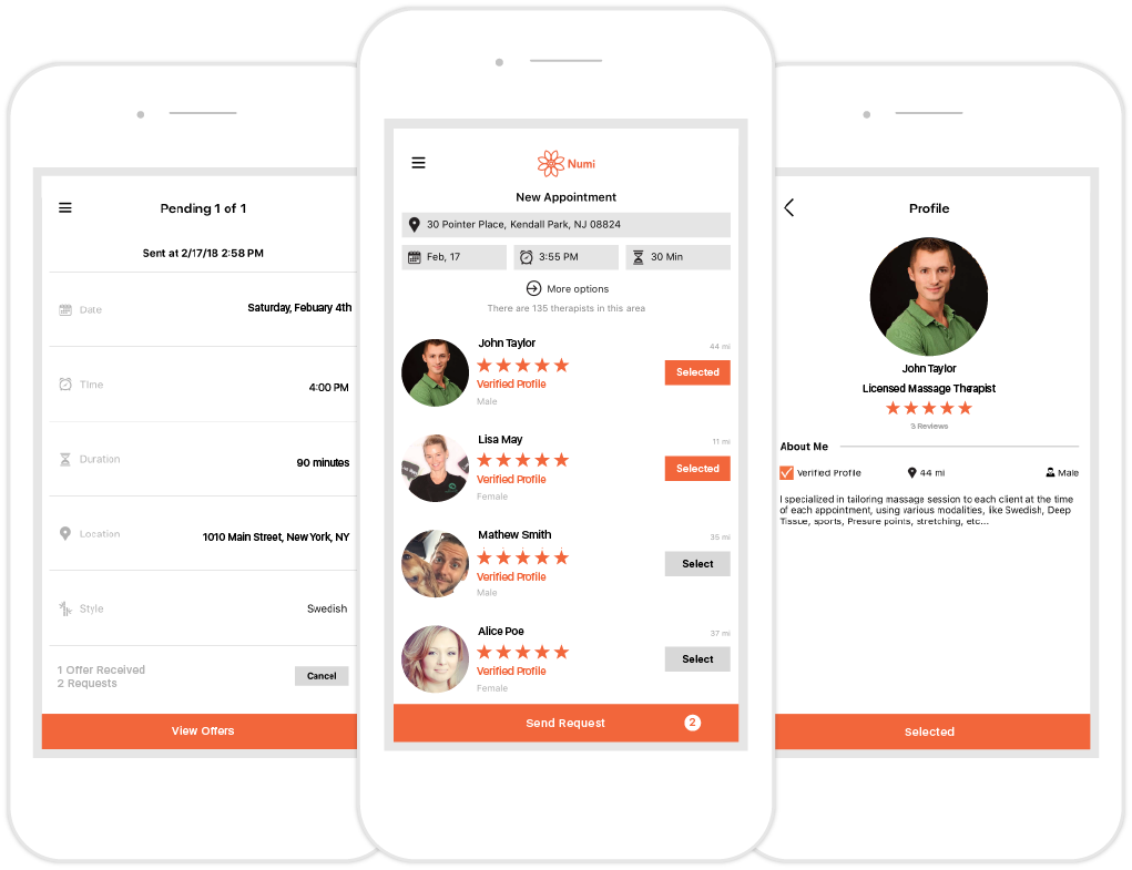 Numi massage app screens